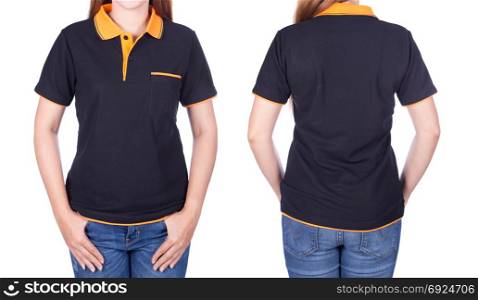 woman in black polo shirt isolated on a white background