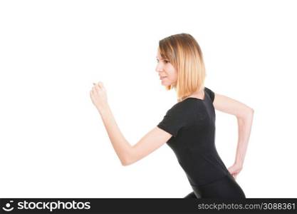 woman in black running isolated on white