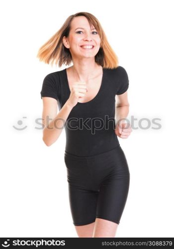 woman in black running isolated on white