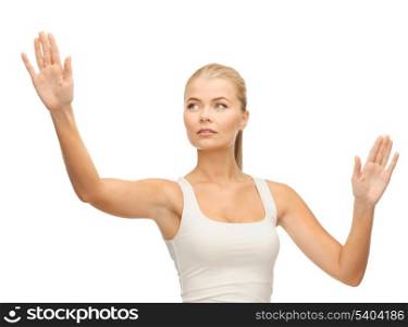 woman in blank white t-shirt with raised hands