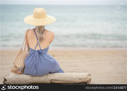 Woman in blue dress and straw hat, sitting on a timber by the ocean.
