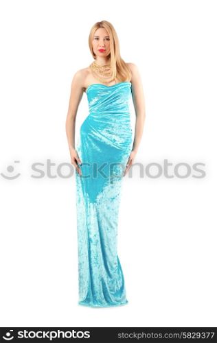 Woman in blue dress on white