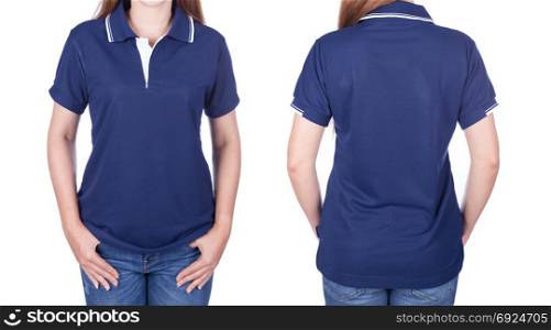 woman in blue polo shirt isolated on a white background
