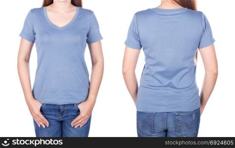 woman in blue t-shirt isolated on a white background