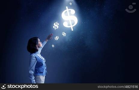 Woman in bright light. Young businesswoman blinded with light of glowing dollar sign