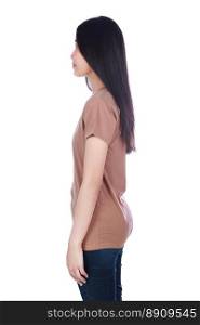 woman in brown t-shirt isolated on a white background  side view 