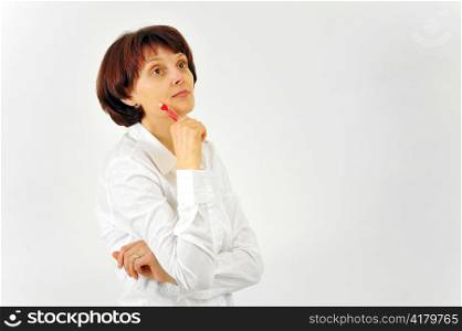 woman in business suit, thinking