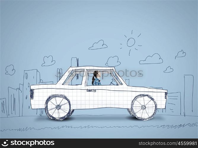 Woman in car. Young girl driving car made of paper