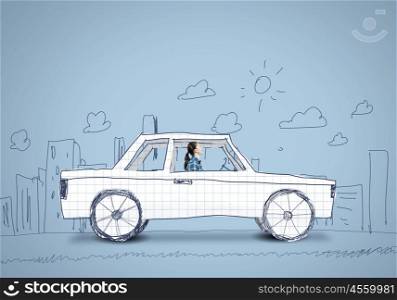 Woman in car. Young girl driving car made of paper