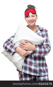 Woman in clothes for sleep with a pillow in hands on a white bac. Woman in clothes for sleep with a pillow in hands on a white background