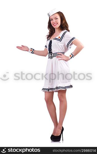 Woman in costume holding hands on white