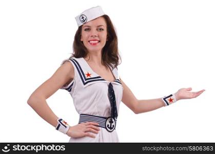 Woman in costume holding hands on white