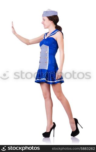 Woman in costume pushing virtual obstacle