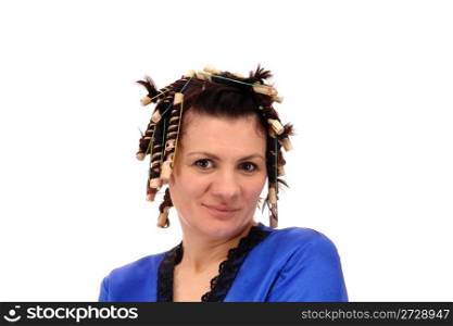 woman in curlers isolated on white background