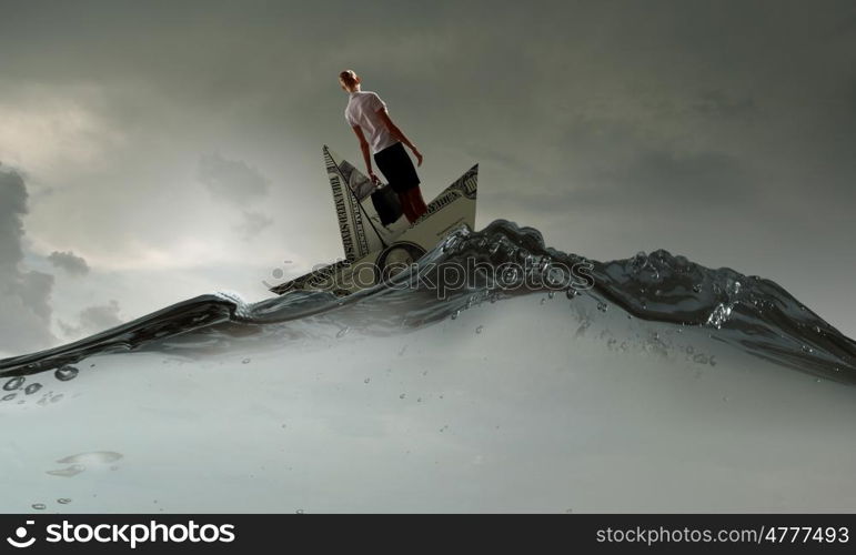 Woman in dollar boat. Businesswoman escapes from crisis on paper boat made of dollar banknote