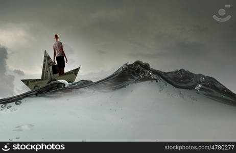 Woman in dollar boat. Businesswoman escapes from crisis on paper boat made of dollar banknote