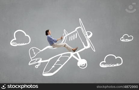 Woman in drawn airplane. Funny image of woman flying in drawn airplane