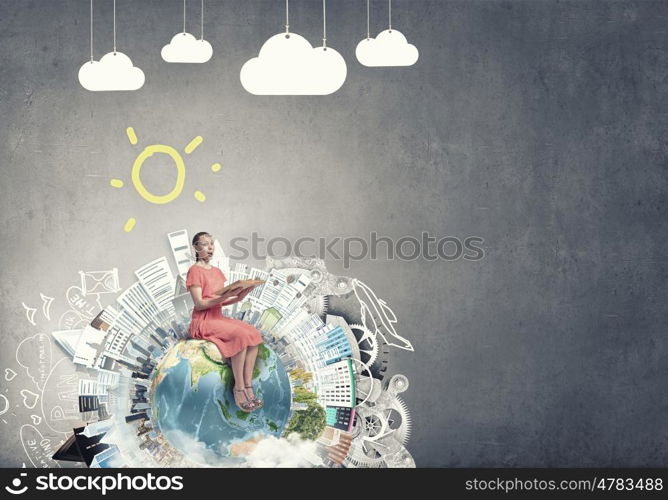 Woman in dress with book. Young girl sitting on Earth planet and reading. Elements of this image are furnished by NASA