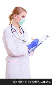 Woman in face mask and white lab coat. Doctor or nurse with stethoscope writing with pen on clipboard isolated. Medical person for health insurance.