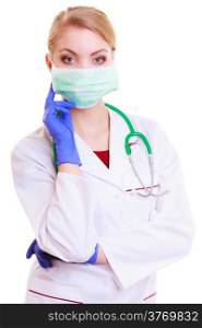 Woman in face mask and white lab coat. Doctor or nurse with stethoscope isolated. Medical person for health insurance.