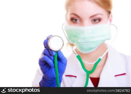Woman in face mask and white lab coat. Doctor or nurse with stethoscope isolated. Medical person for health insurance.