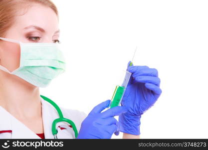 Woman in face mask and white lab coat. Doctor or nurse with syringe isolated. Medical person for health insurance.