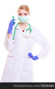 Woman in face mask and white lab coat. Doctor or nurse with syringe isolated. Medical person for health insurance.