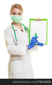 Woman in face surgical mask and white lab coat. Doctor or nurse with syringe isolated. Medical person for health insurance.