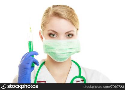 Woman in face surgical mask and white lab coat. Doctor or nurse with syringe isolated. Medical person for health insurance.