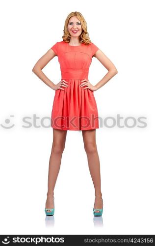 Woman in fashion clothing on white