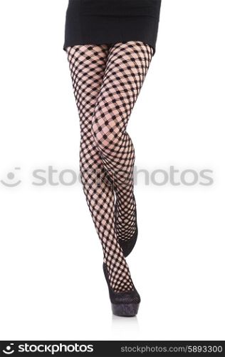 Woman in fishnet stockings isolated on white