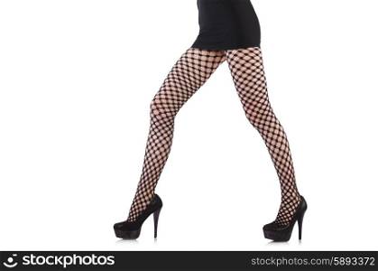 Woman in fishnet stockings isolated on white