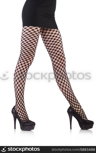 Woman in fishnet stockings isolated on white