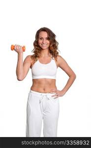 Woman in fitness outfit standing on white background