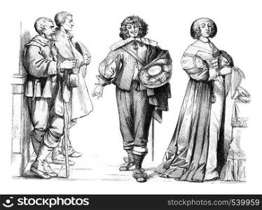 Woman in full uniform, and Gentleman Farmer in 1635, vintage engraved illustration. Magasin Pittoresque 1857.