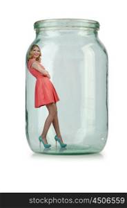 Woman in glass jar isolated on white