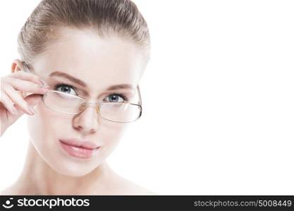Woman in glasses. Portrait of young perfect woman in glasses isolated on white background