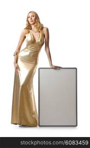 Woman in golden dress with blank board