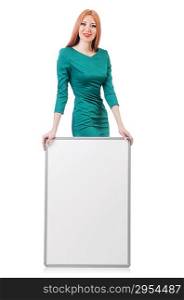 Woman in green dress with blank board