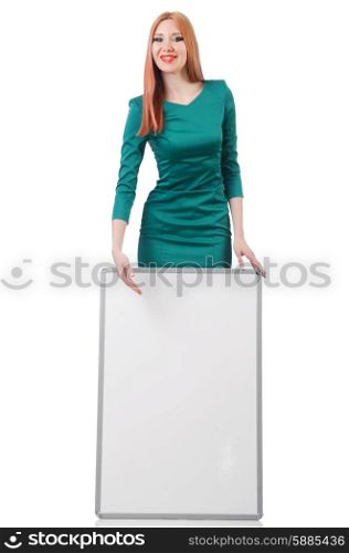 Woman in green dress with blank board