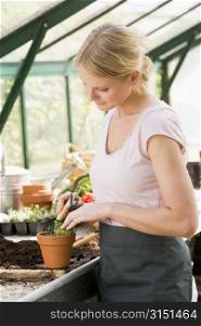 Woman in greenhouse raking soil in pot smiling