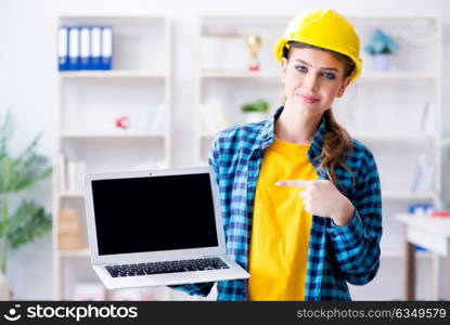 Woman in industrial blogging concept. The woman in industrial blogging concept