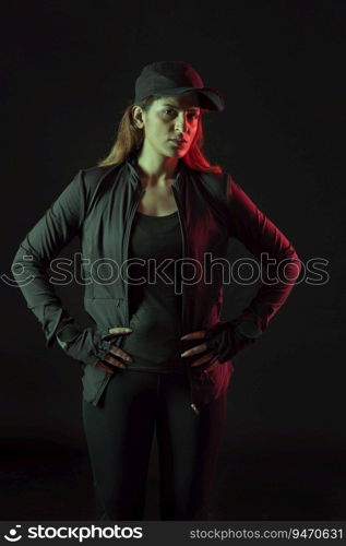 Woman in jacket and cap standing in front of a dark background. 