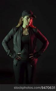 Woman in jacket and cap standing in front of a dark background. 
