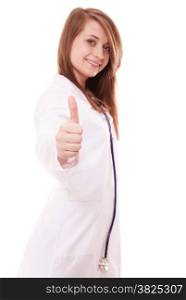 Woman in lab coat. Doctor with stethoscope showing thumb up success hand sign gesture isolated on white. Medical person.
