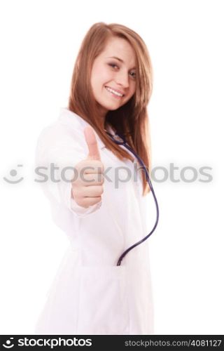Woman in lab coat. Doctor with stethoscope showing thumb up success hand sign gesture isolated on white. Medical person.