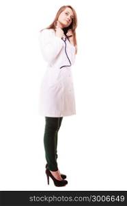 Woman in lab coat. Doctor with stethoscope wants to do examination isolated on white. Medical person for health insurance.