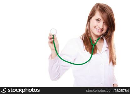 Woman in lab coat. Doctor with stethoscope wants to do examination isolated on white. Medical person for health insurance.