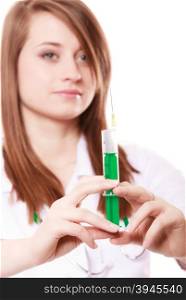 Woman in lab coat. Doctor with syringe wants to do injection isolated on white. Medical person for health insurance.