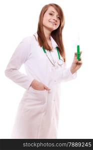 Woman in lab coat. Doctor with syringe wants to do injection isolated on white. Medical person for health insurance.